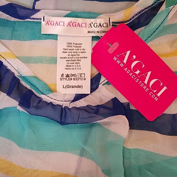 A'gaci | white, blue & teal green striped semi sheer top Large Nwt - Picture 6 of 7